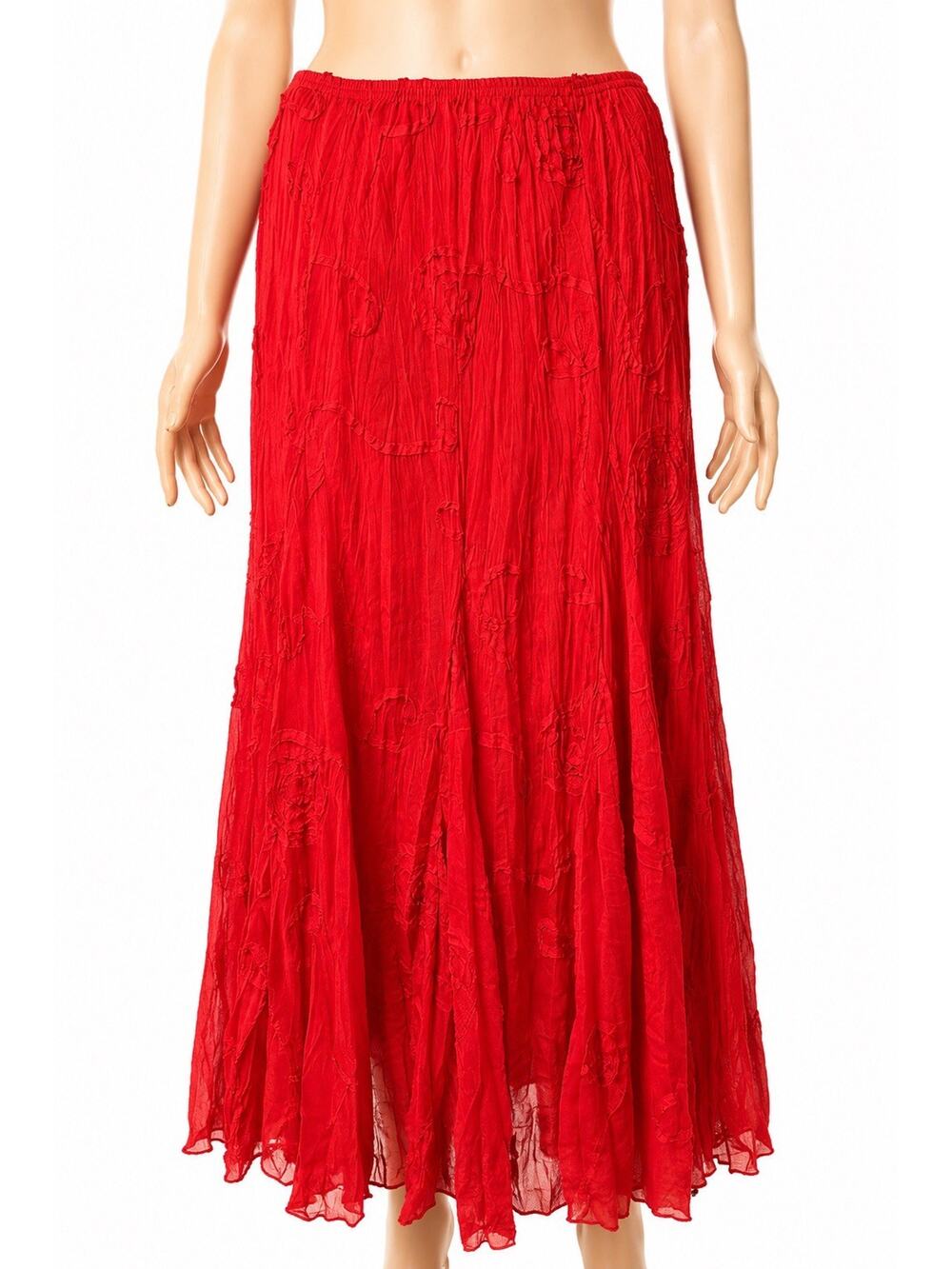 Rafael Red Maxi Skirt Womens Small Crinkle Textured Elastic Waist Boho Flowy